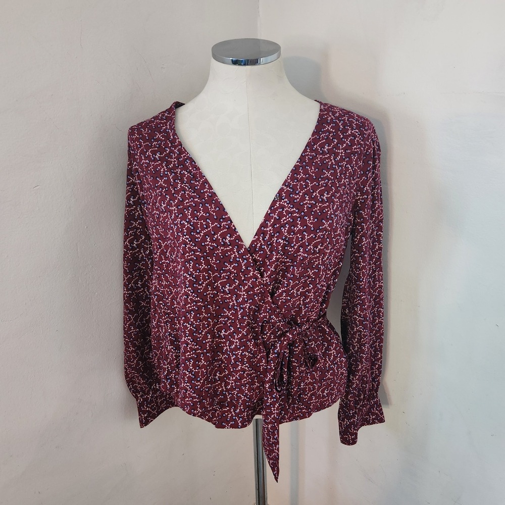 Talbots Petite Burgundy Floral Wrap‎ Top Long Sleeve Side Tie Blouse Size P